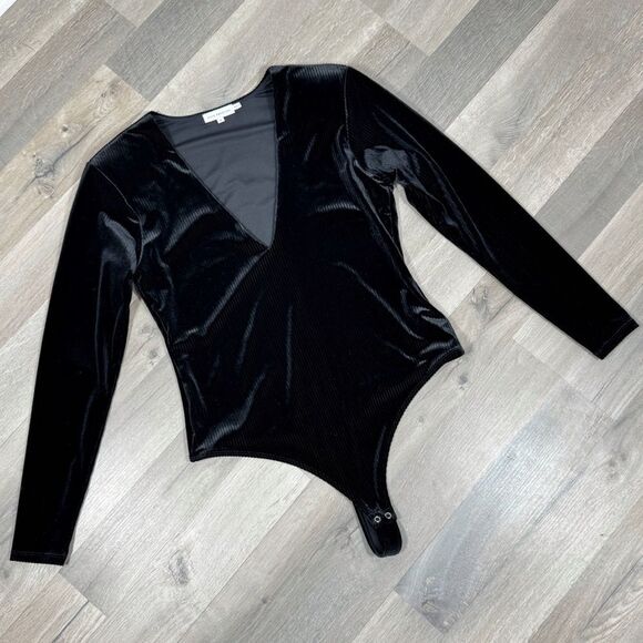 Good American All Day Ribbed Velvet Deep V Neck Bodysuit Black 4 XL - Picture 15 of 16
